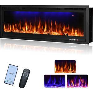 Rodalflame 42" WiFi-Enabled Electric Fireplace Insert, APP Smart Control, Wall Mounted&Recessed Linear Fireplace Heater with Thermostat, Flame&Top Lights, Log&Crystal, Timer