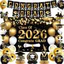 DARUNAXY Black Gold Graduation Party Decorations, Gold Class of 2026 Graduation Banner, 2026 Congrats Grad Honeycomb Hanging Swirl Confetti Balloon Congratulations Graduates Party Supplies(25PC)