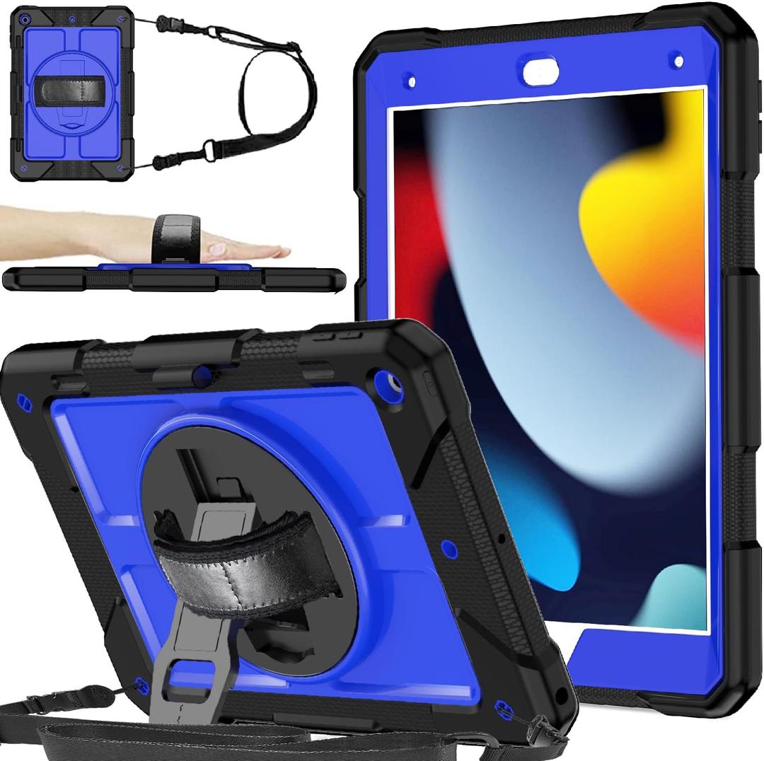 BMOUO Case for iPad 9th/8th/7th Generation 10.2", Shockproof 360 Rotating Stand Shoulder Hand Strap for iPad 9th/8th/7th Gen Case with Pencil Holder for iPad 10.2 inch 2021/2020/2019, Deep Blue