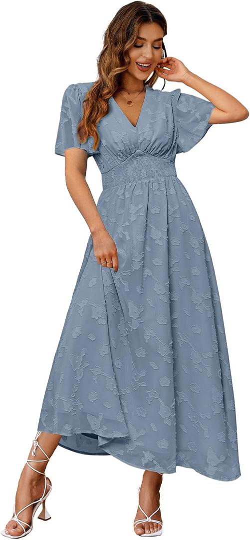 Simplee Women's Boho Floral Maxi Dress Flowy Casual V Neck Short Sleeve Wedding Guest Holiday Beach Long Dress (Blue, XL)