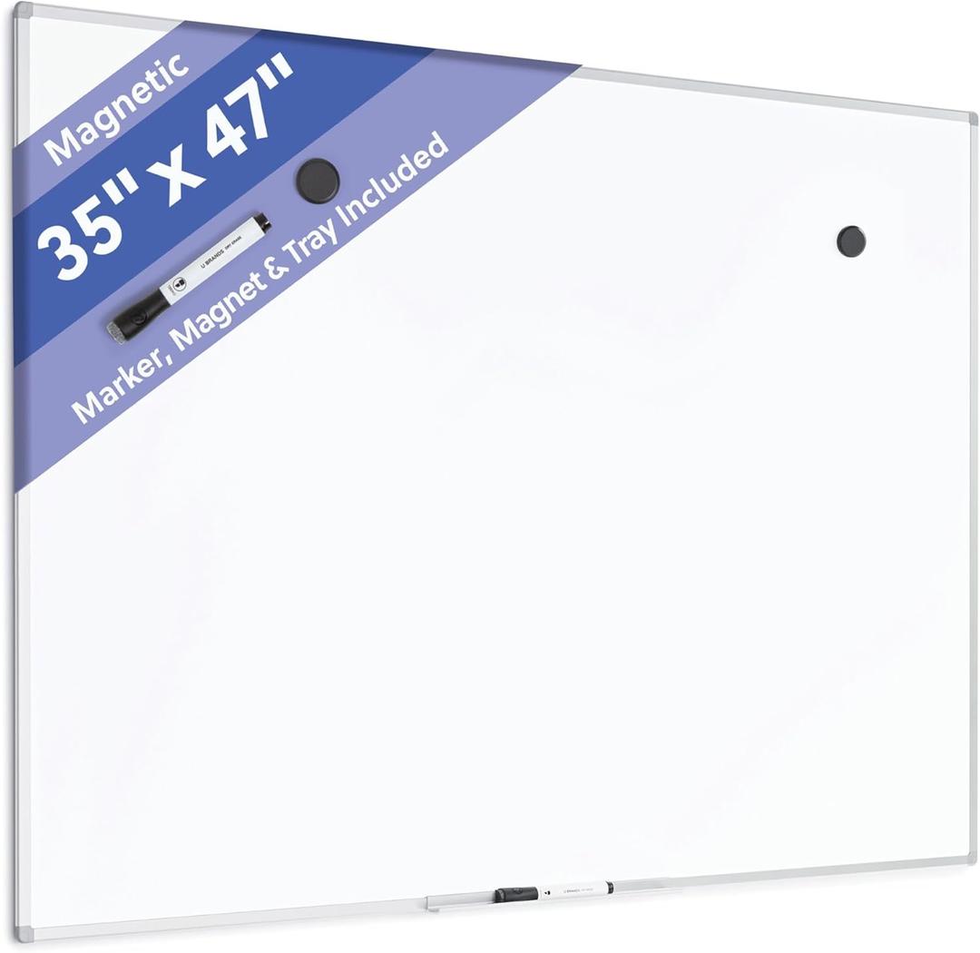 U Brands Magnetic Whiteboard, 36" x 48", Slim Aluminum Frame, Includes Dry Erase Marker, Magnet, and Clip-On Tray