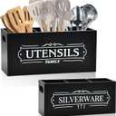 Kitchen Utensil Holder Set - Extra Large Wooden Countertop Organizer for Cooking Utensils, Cutlery and Flatware, Farmhouse Kitchen Decor, Silverware Caddy for party (Black, Large)