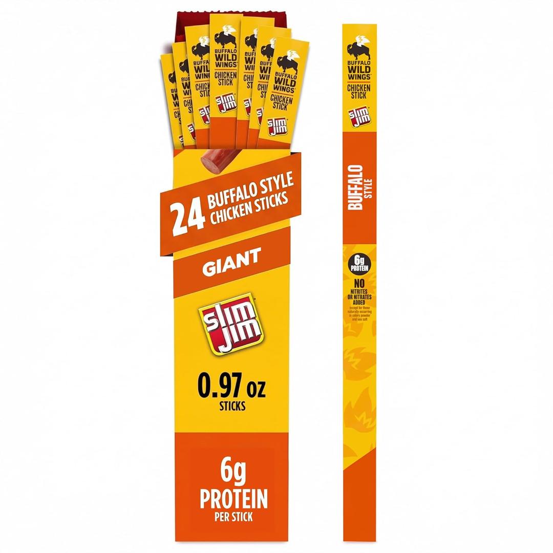 Slim Jim Giant Chicken Sticks, Buffalo Wild Wings Buffalo Style, 6g Protein per Stick, 0.97 oz. (24 Count) (EXP 06/12/26)