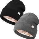 Satin Lined Beanie for Women Men Winter Silk Lined Hat Warm Knit Cuffed Beanies Hat Thickened Slouchy Skull Cap (One Size, Black, Gray)