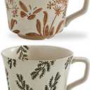 12oz Vintage Ceramic Coffee Mug Set of 2 - Handmade Stoneware Pottery Countryside Farmhouse Fall Autumn Tea Mugs with Big Handle for Latte,Cocoa,Dishwasher & Microwave Safe Cups (Plants)