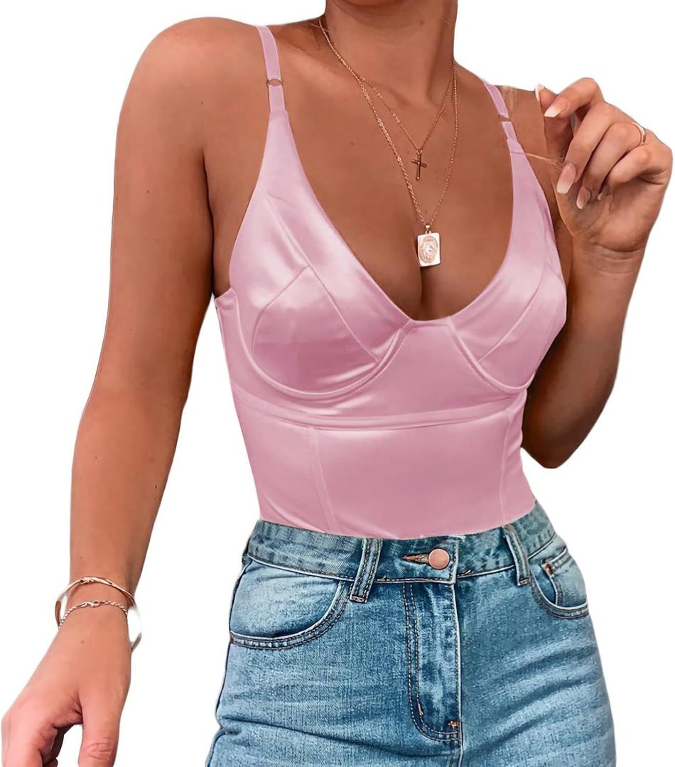 Velius Women's Sexy Metallic Shiny Bodysuit Tank Tops for Night Club Going Out (XX-Large, Pink)