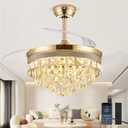 48 Inch Chandelier Ceiling Fans with Lights, Retractable Ceiling Fan with Lights, Crystal Fandelier Ceiling Fan for Bedroom Living Room, LED Dimmable, 6 Wind Speed,3 Color Temperatures-Gold