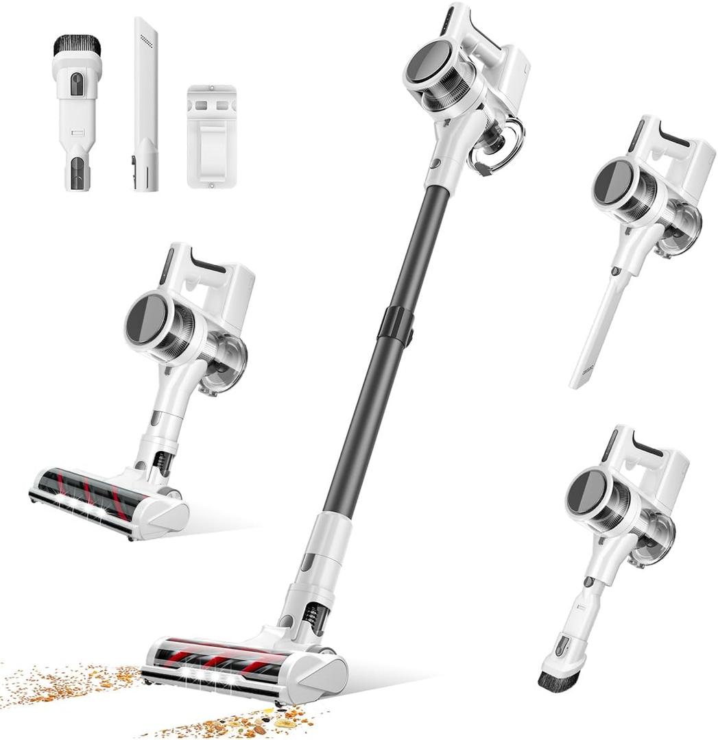 Cordless Vacuum Cleaner, 80,000 RPM Motor and Power Filtration, Stick Vacuum with 2200 mAh Battery, 35 Mins Worktime, 2 Modes, Rotated Multi-Heads, Height-Adjustable Vacuum for Home (Harbor White)