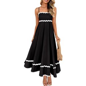 ZESICA Women's 2026 Summer Spaghetti Straps Sleeveless Backless Sundress Flowy Smocked Lace Swing A Line Midi Dress (Black, XL)