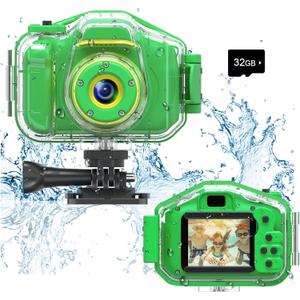 Agoigo Kids Waterproof Camera - Children Underwater HD Video Digital Camcorder, Portable Travel Toy for Toddler - Ideal Christmas Birthday Gifts for Boys Girls Age 3-12 with 32GB Card (Green)