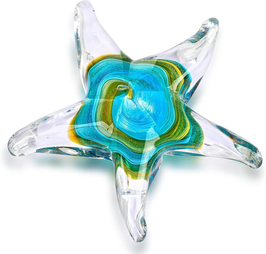 QFkris 5" Glass Star Fish, Crystal Handmade Glass Blown Table Decor, Starfish Figurine, Collectible Ornament,Clear and Green for Women