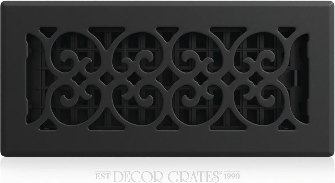 Decor Grates Metal Scroll Decorative Air Vent Cover 4x10 Floor Register  Adjustable Control Lever  AC Floor Vent Covers for Home Floor Vents  Fits 4 x 10 Inch Opening  Textured Black (ST410)