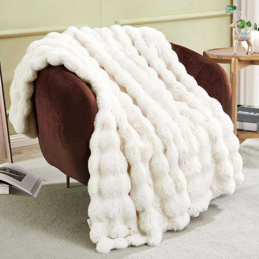 JONIYEAR Soft Fuzzy Bubble Faux Rabbit Fur Throw Blanket for Couch 50" x 60", Double Sided Textured Warm Fluffy Blanket for Winter, Luxury Cozy Puffy Shaggy Comfy Furry Blankets for Couch, Cream White