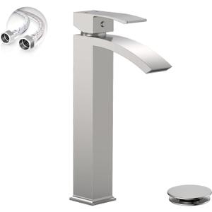 Brushed Nickel Vessel Sink Faucet, Greenspring Waterfall Bathroom Faucets, Tall Spout Single Handle Single Hole Bathroom Faucets with Pop Up Drain and Without Overflow Basin Faucet Supply Line