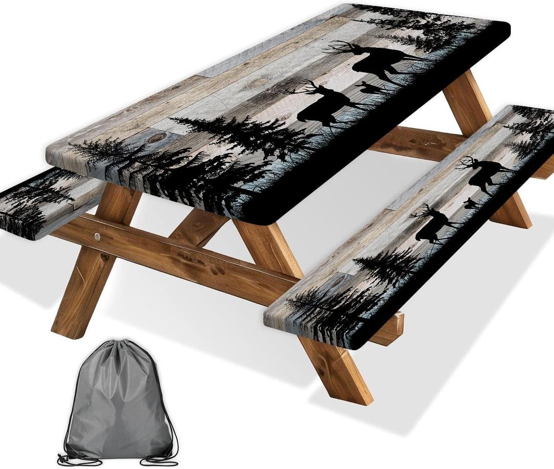 Forest Deer Picnic Table Cover with Bench Covers and Bag, Camping Essentials, Waterproof Windproof, Fitted Tablecloth Cover with Elastic Edge, for Indoor & Outdoor, Garden, 3 PCS, 30x60 Inch