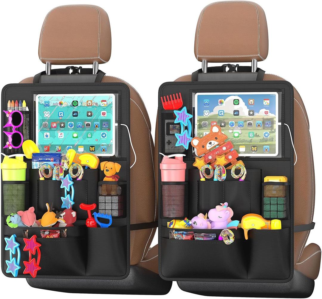Backseat Car Organizer with Touch Screen, Kick Mats Back Seat Protector with 10 Storage Pockets, Car Seat Back Organizers Storage for Snacks Drinks Toy Umbrellas for Kids Road Trip