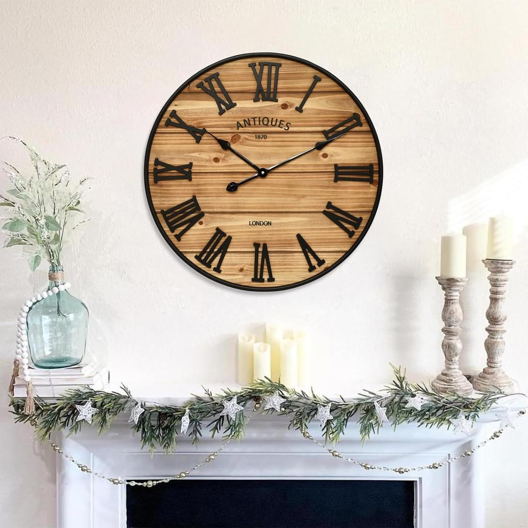 24 Inch Farmhouse Wall Clock - Antique Rustic Wood Finish, Silent Battery-Operated Timepiece with Stylish Decor for Home, Office, Kitchen, Bedroom & Living Room (Brown)