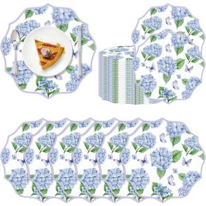 100 Pcs Hydrangea Butterfly Paper Placemats 13 Inch Scalloped Paper Placemats Spring Summer Hydrangea Disposable Table Mats for Dinner Table Setting Birthday Wedding Bridal Shower Party Decor