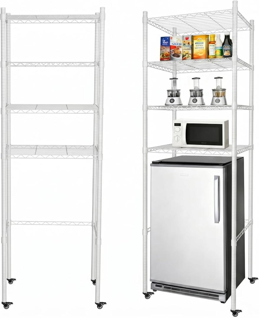 4-Tier Adjustable Mini Fridge Organizer Rack with Lockable Wheels, Heavy-Duty Metal Storage Shelf for Over Mini Fridge, Microwave Stand for Dorm, Kitchen, Office, White