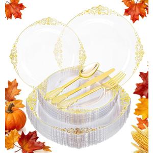 125PCS Clear Gold Plastic Plates - Fancy Clear Disposable Plates - Thanksgiving Plate with Gold Plastic Silverware Set for 25 Guests for Party & Wedding & Holiday