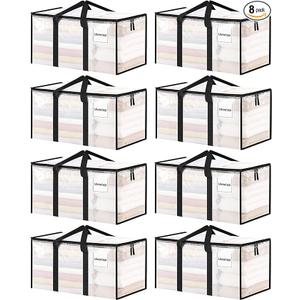 8 Pack Extra Large Heavy Duty Moving Bags, Clear Storage Bins with Lids, Reinforced Handles & Heavy-Duty Zippers Moving Boxes Storage Bags Totes for Clothes Packing, Dorms, College Supplies, Clear