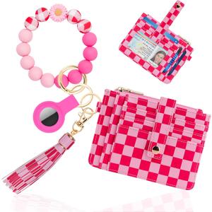 Wallet Keychain Wristlet,Airtag Wristlet Wallet for Women RFID Credit Card Holder with boho beaded Cute Key Chains for Women(checkered pink)