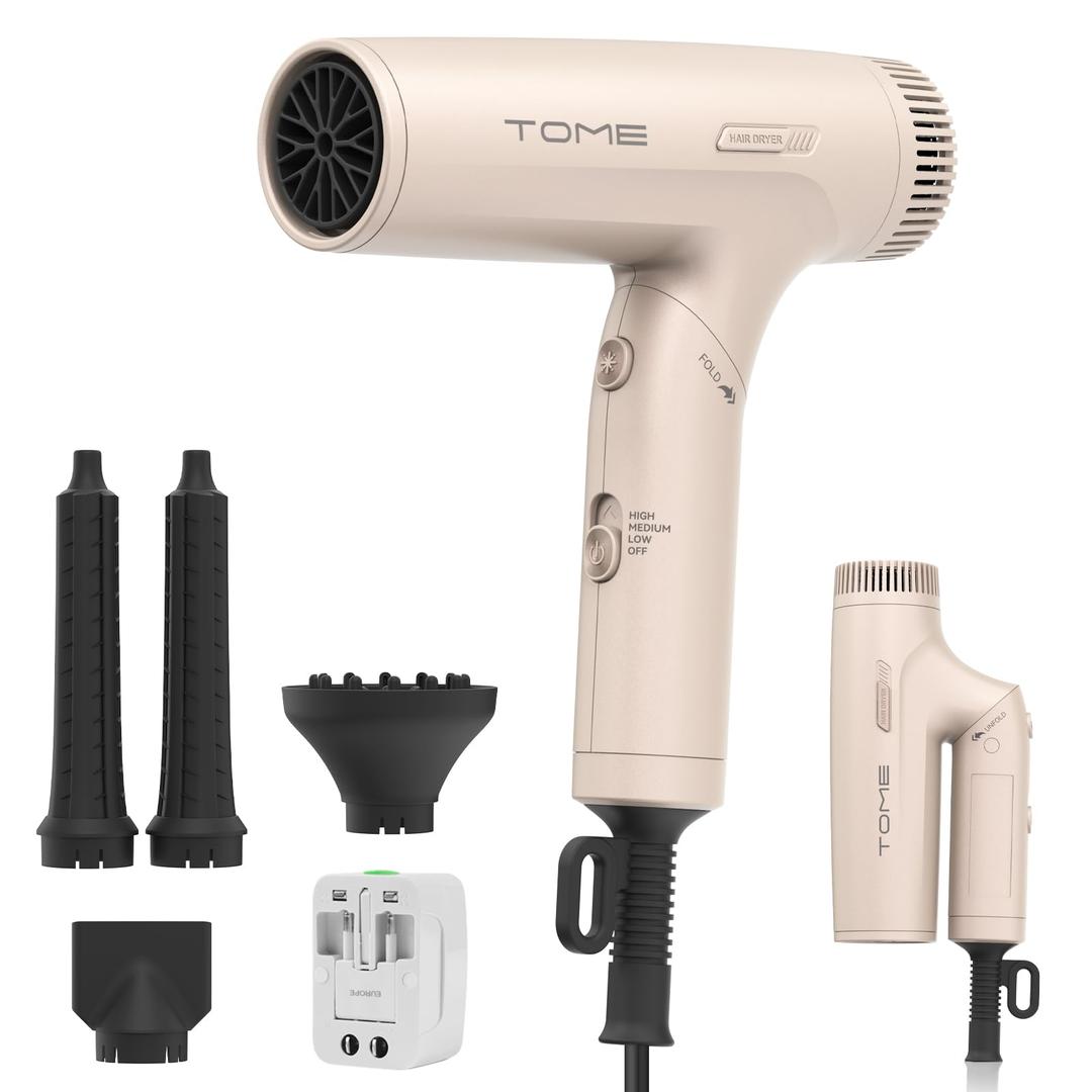 TOME Dual Voltage Travel Hair Dryer, Foldable Blow Dryer, DC Motor, 1200W Fast Drying, Cool Shot, 3 Heat 3 Speed, Nozzle, Diffuser, Air-Powered Wrap Wands, 120–240V Universal Adapter Red (Pink)