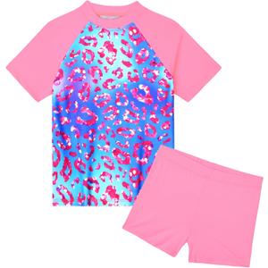 Girls Swimsuit Colorful Short Sleeve Bathing Suits UPF 50+ Rash Guard Set Two Piece Summer Swimwear