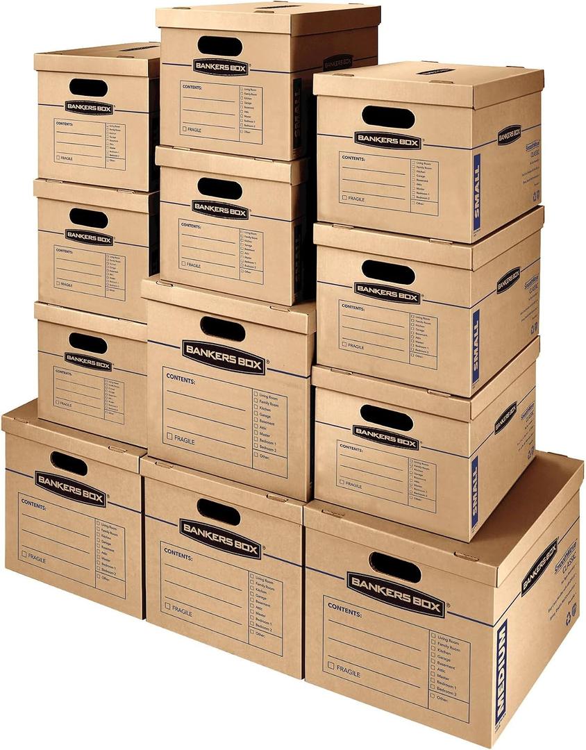 Bankers Box Classic Moving Box 12 Pack Kit, Reinforced Handles, Tape-Free Assembly, Box with Lid, 8 Small and 4 Medium Boxes (7716401)