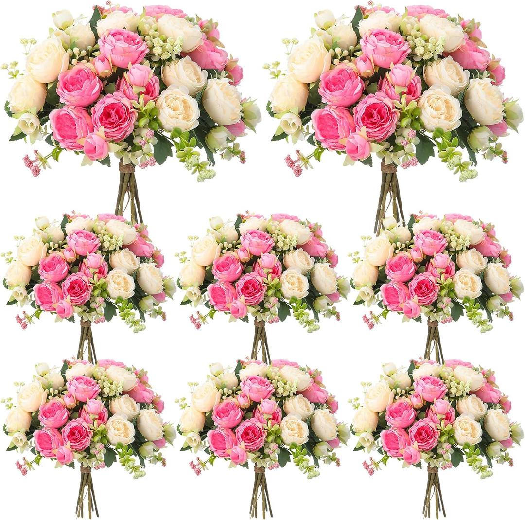Geosar 8 Bundles Artificial Peonies Flowers Fake Silk Peony Bouquet Faux Peonies Flowers Bulk for Decoration Vase Floral Arrangements Wedding Party Table (Pink,Champagne)