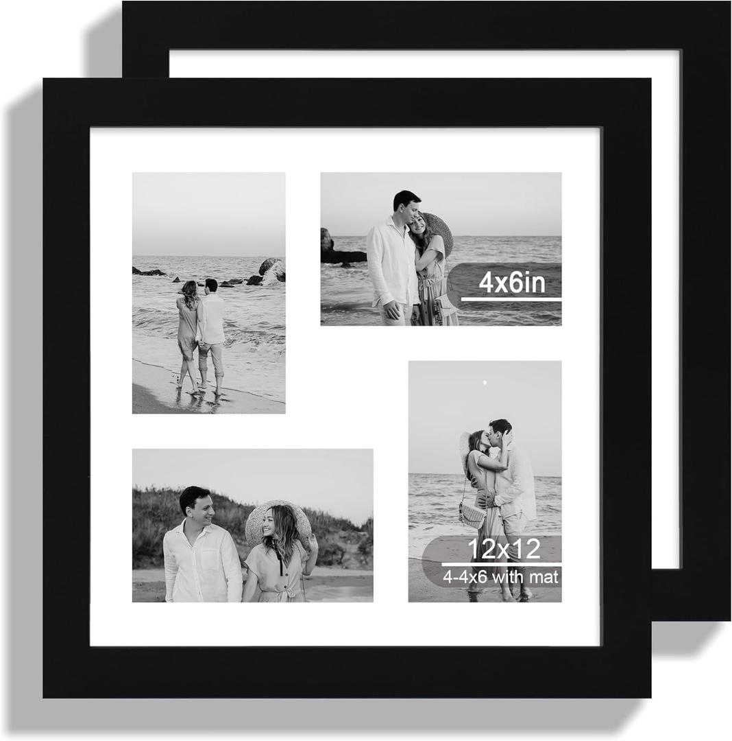 12x12 Picture Frame Set of 2, Black Wood Frame with Glass Collage Frame, Display Pictures 4-4x6 With Mat or 12 x 12 Without Mat, Square Photo Frames Collage for Wall Hanging or Tabletop