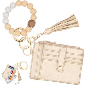 KNGITRYI Wallet Keychain Wristlet for Women,Slim RFID Credit Card Holder Purse Tassel Keychain Bangle Key Ring for Men Women (Gold)