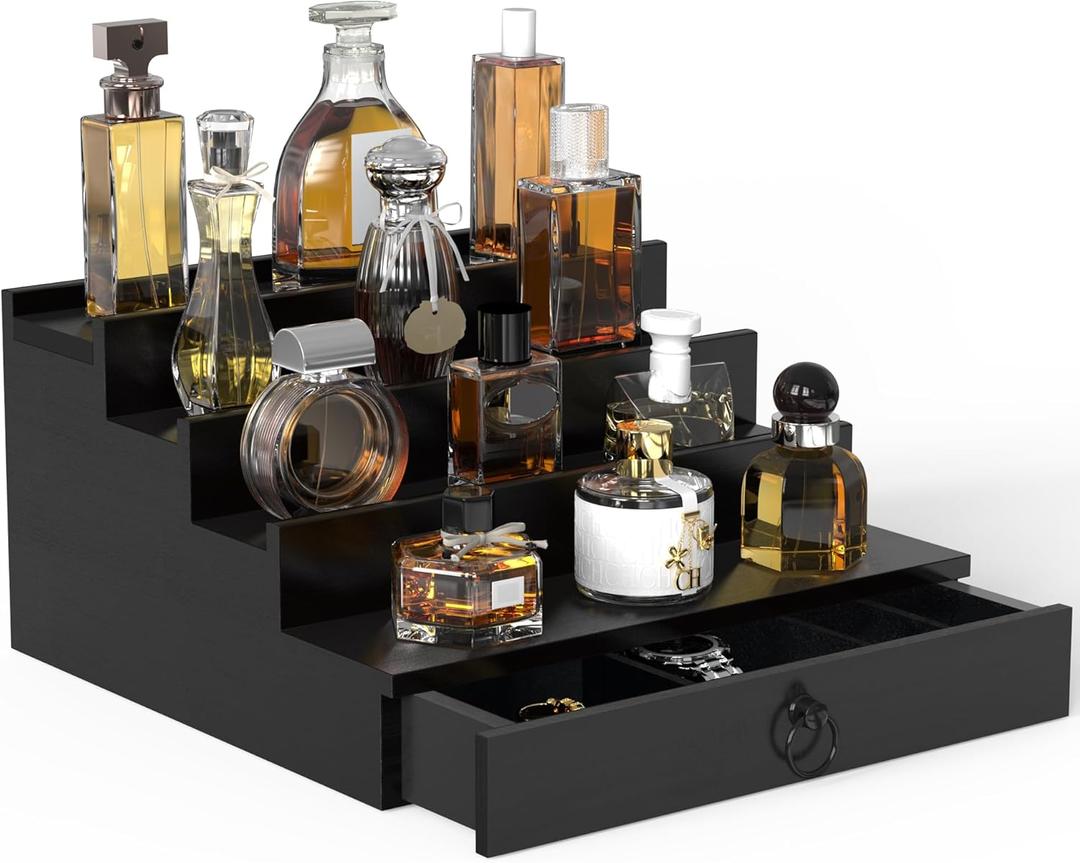 Cologne Organizer for Men, 4 Tier Black Wood Perfume Organizer with Felt Lining Drawer and Hidden Compartment, Perfume Display Holder, A Gift for Men (Black)