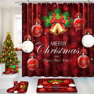 Ruikyhom Christmas Bathroom Sets, Shower Curtain Sets 4 Pcs, Xmas Bathroom Decor Sets, Merry Christmas Shower Curtain Sets with Rugs(Bath Mat,U Shape,Toilet Lid Cover) and Hooks, Red Xmas Tree