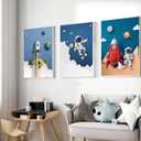 3 Pcs Space Nursery Canvas Wall Art Whimsical Outer Space Astronauts Rocket Kid Painting Pictures Wall Decor Poster Print Artwork for Boys Room Kids Room Decoration Unframed