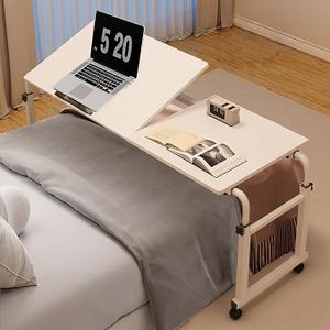 Overbed Desk with Wheels, Adjustable Height Over The Bed Table, King Queen Mobile Over Bed Desk, Overbed Table with Tiltable Tabletop for Laptop and Bedroom Work (White, 47 * 16IN Tiltable)