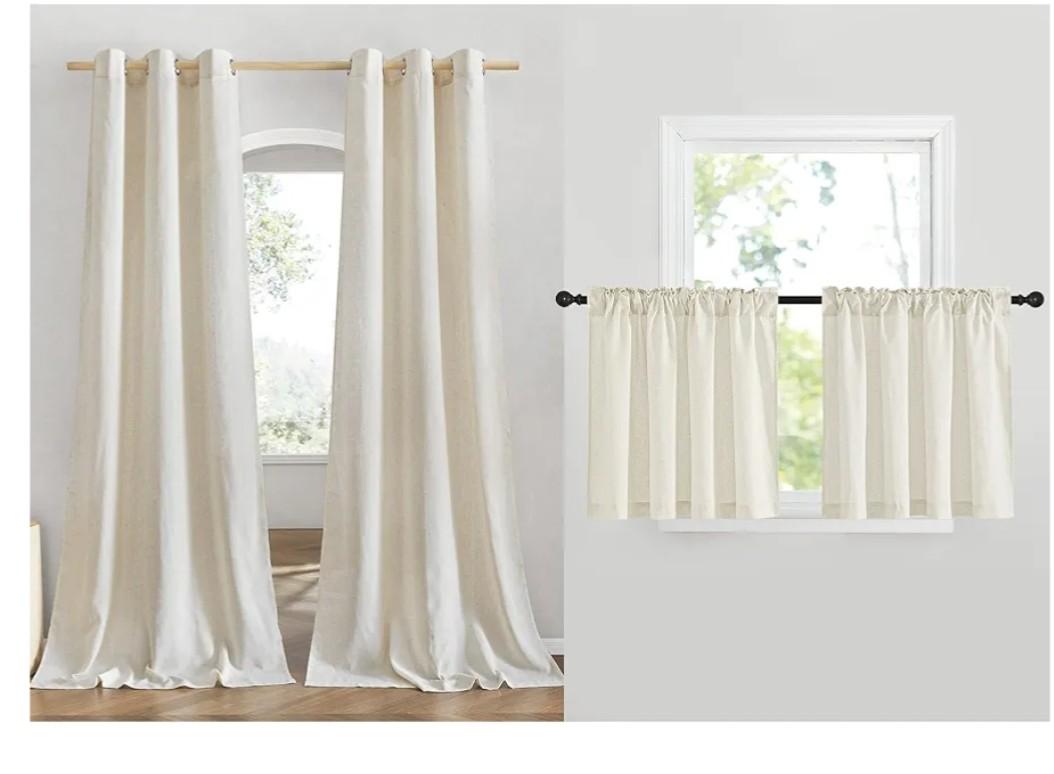 NICETOWN 2 Panles 42" x 84" Grommet Linen Curtains with 2 Panels 55" x 30" Rod Pocket & Back Tab Linen Valances for Living Room, Bedroom, Natural