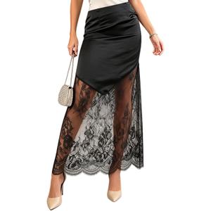 Women's 2026 Lace Patchwork Bodycon Skirt - High Waist Elegant Solid Maxi Long Skirt