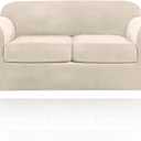 PrinceDeco Velvet Couch Cover Loveseat Covers for 2 Cushion Couch 3 Piece Sofa Covers for Dogs Washable Loveseat Covers Width Up to 72 Inch No Slip Stretch Sofa Slipcover(Medium, Ivory)