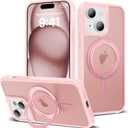 for iPhone 15 Plus Case 6.7 Inches 360Rotatable Magnetic Ring Invisible Stand,[Compatible with Mag-Safe] Military Shockproof Frosted Translucent Case,Pink