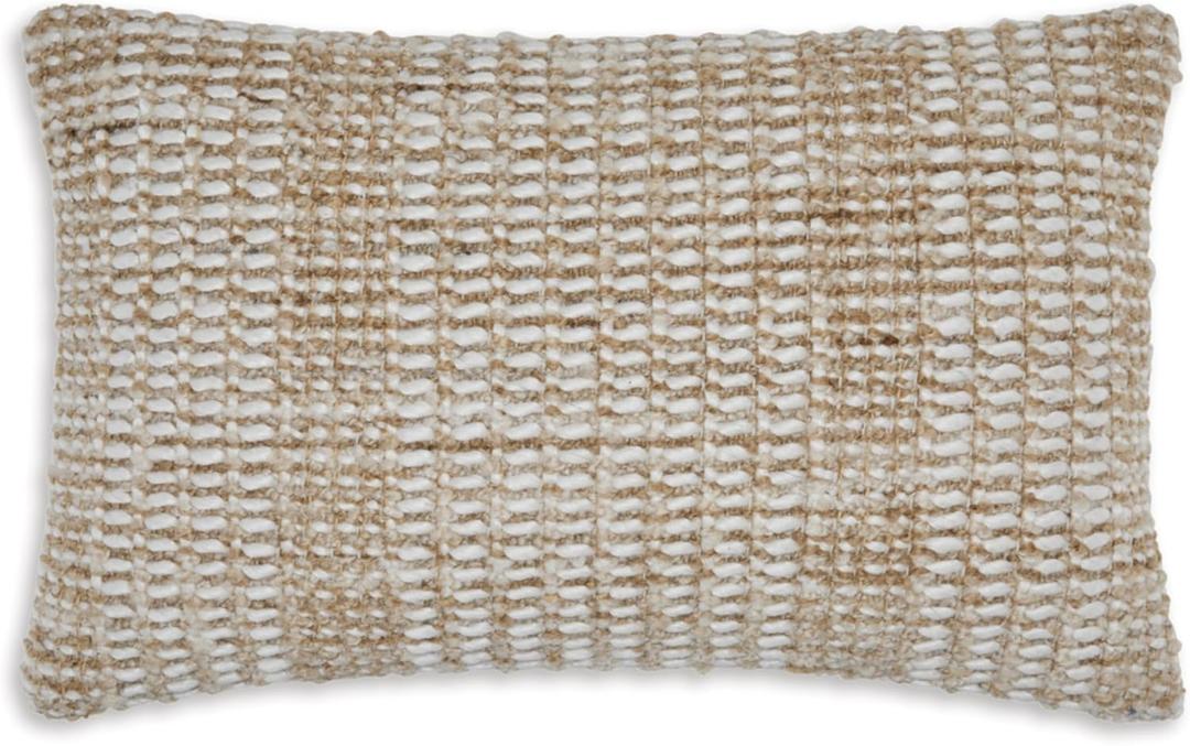 Signature Design by Ashley Hathby Casual Indoor Striped 22 x 14 Inches Pillow with Zipper Closure, Light Brown & White
