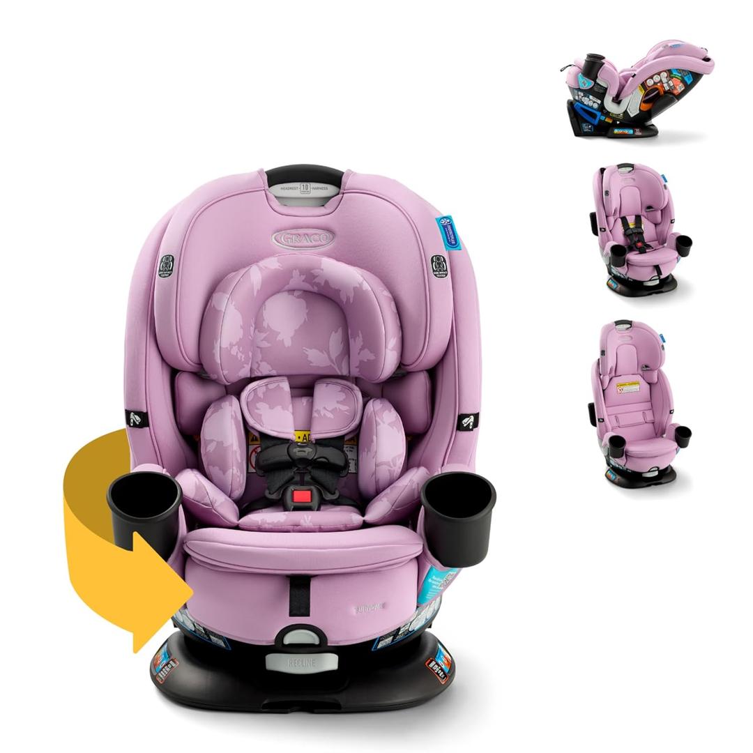 Graco Turn2Me 3-in-1 Rotating Convertible Car Seat, Lilac Mod, Rear-Facing Rotation Only, Forward-Facing Mode, Highback Booster Up to 100 lbs, Adjustable Headrest & Harness, Steel Reinforced Frame, Manufactured Date:04/30/2026