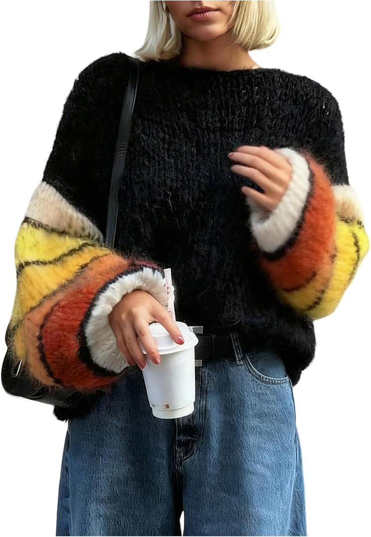 RoseSeek Women's Color Block Striped Chunky Sweaters Crew Neck Long Sleeve Fuzzy Jumper Tops (Black, L)