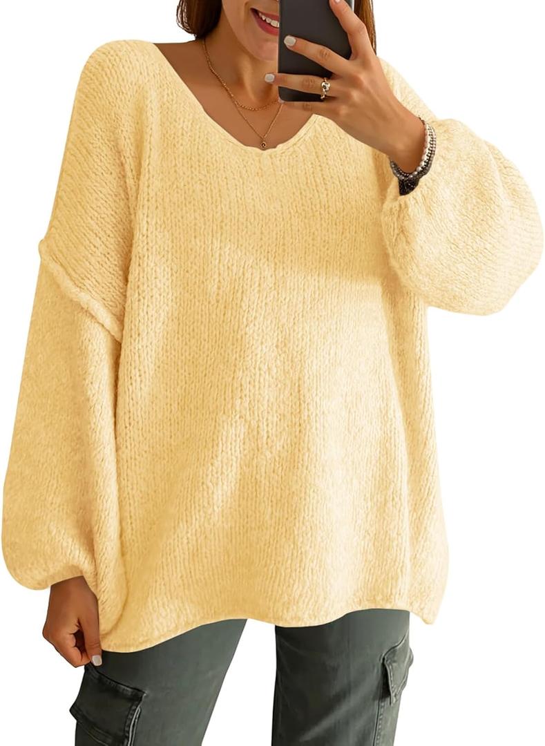 Saodimallsu Womens Oversized V Neck Sweaters Chunky Knit Lantern Long Sleeve Fall Winter Slouchy Tunic Sweater Tops (Yellow, L)