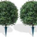 Artificial Boxwood Topiary Trees with Ground Spike,2 Pieces Fake Pine Shrubs Bushes, UV Resistant Faux Evergreen Cypress Tree Plants for Indoor Outdoor Planters Front Porch