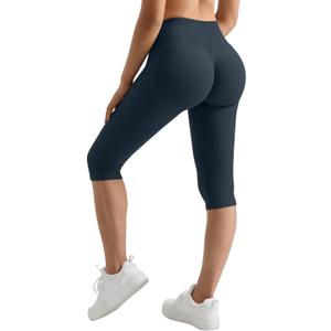 MOOSLOVER Women Hidden Scrunch Butt Lifting Capri Leggings High Waisted Seamless Compression Tummy Control Yoga Pants (Blue, M)