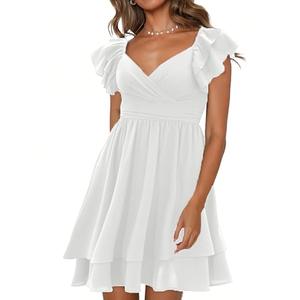 CICIDUDU Women's Summer Dress Casual Wrap V Neck Flutter Sleeve Double Layer Ruffle Wedding Guest Short Mini Dresses White, 2XL