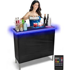 PARTYPONG Folding Portable Bar w/LED Lights, Wireless Remote, 2 Bar Skirts, Storage Shelf, & Carrying Case - Black