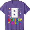 8th Birthday Girl Master Builder 8 Years Old Building Block T-Shirt 2pcs (Small, Purple Heather)