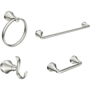 Moen Wellton Brushed Nickel 4-Piece Bathroom Accessory Collection, Includes Towel Ring, Robe Hook, Towel Bar, and Pivoting Toilet Paper Holder, Y1394BN
